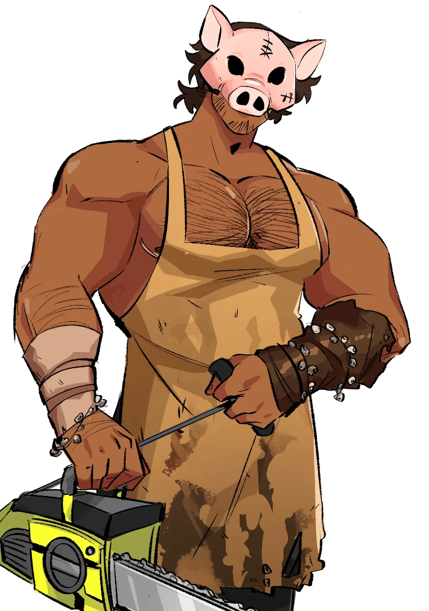 Example character design: a hulking figure in a bloodstained butcher's apron wearing a pig mask and holding a chainsaw, signalling a slasher villain.