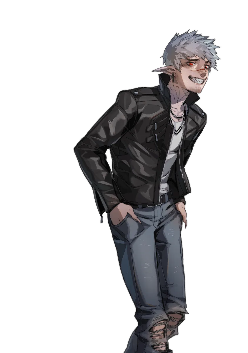 Example character design: a sharp-toothed, pointy-eared figure with white hair and red eyes in a black leather jacket and ripped jeans.