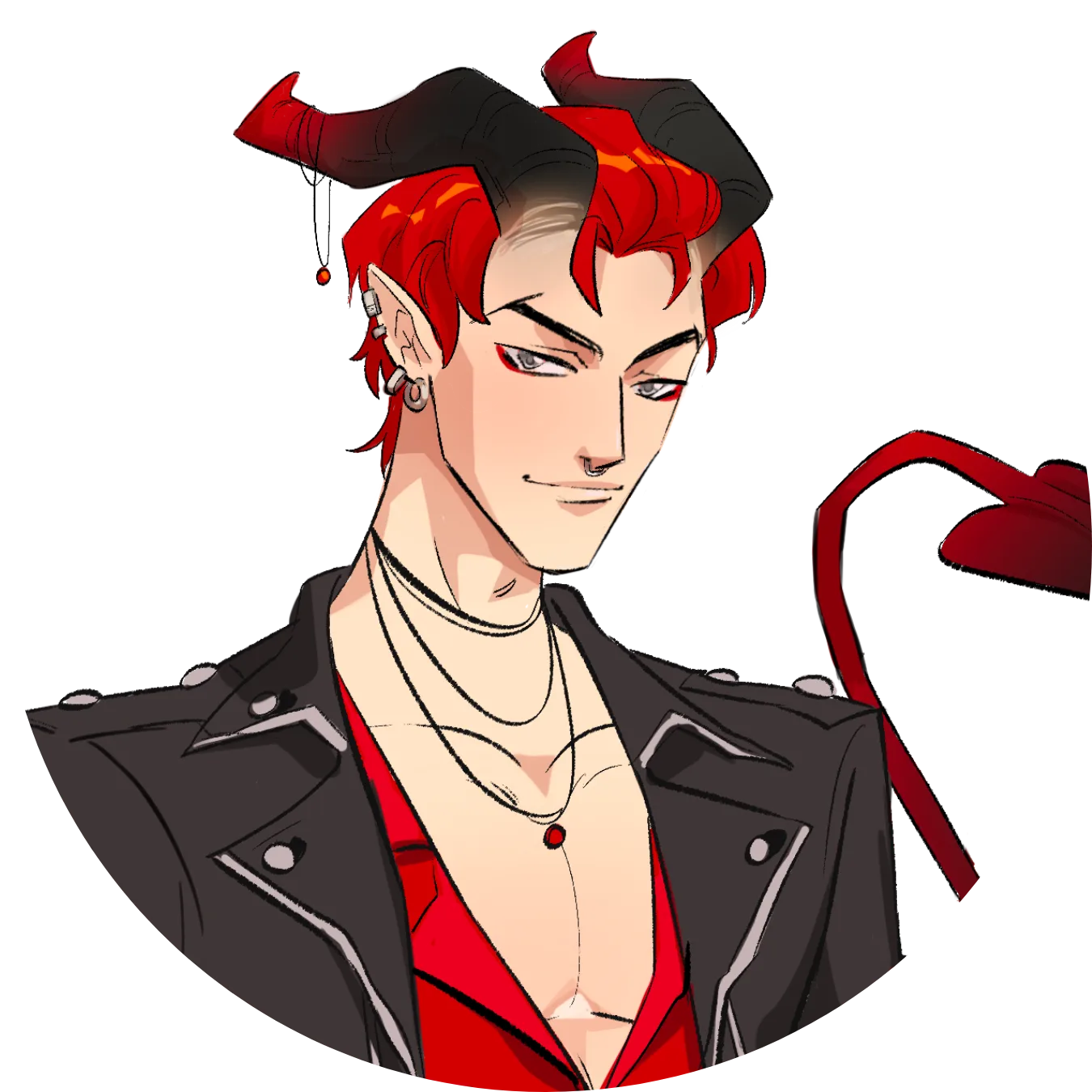 Example character design for the Bad Boy archetype: a red-haired horned demon with a smirk, wearing a black leather jacket over a red shirt.