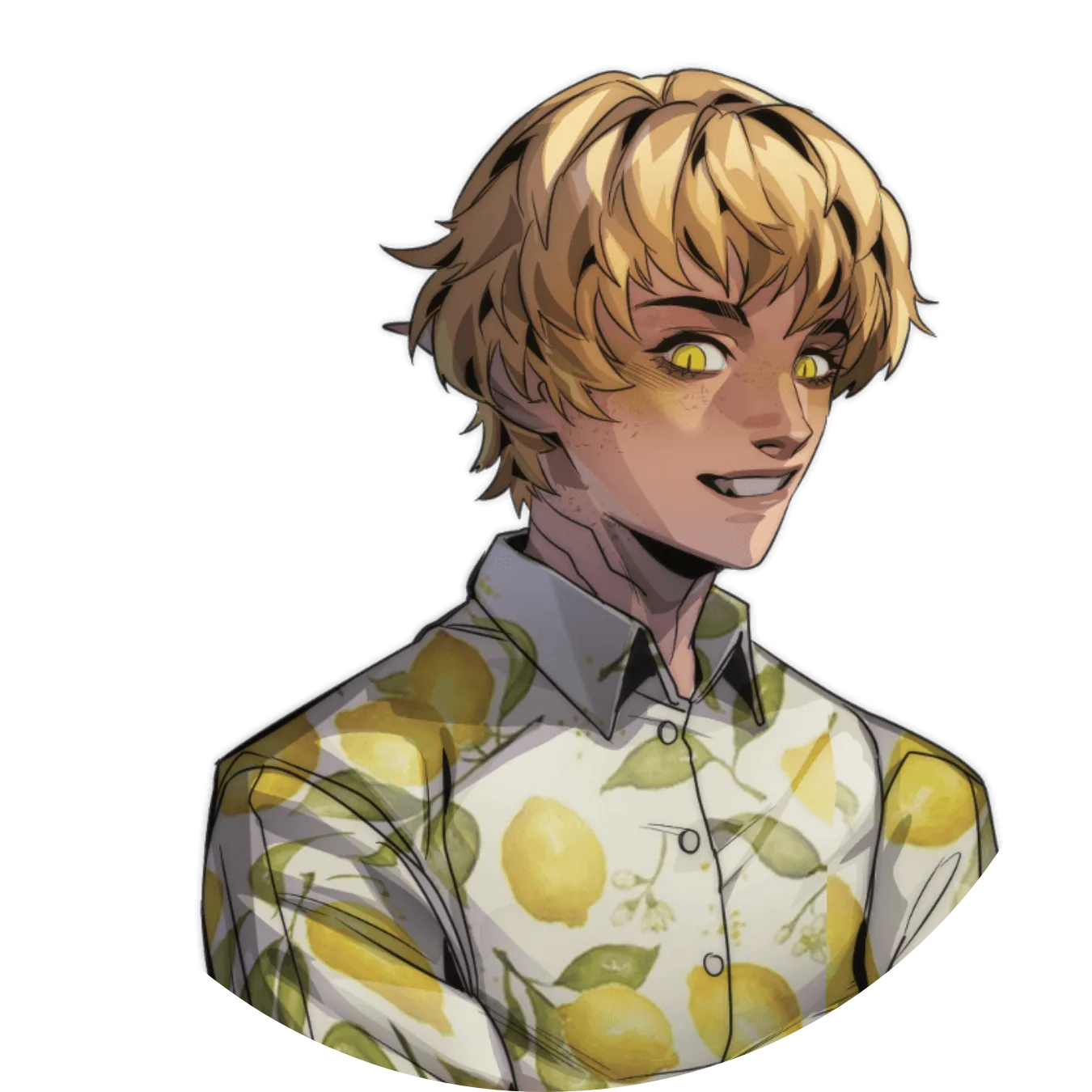 Example character design for the Golden Retriever archetype: a smiling blond character with bright eyes in a lemon-print shirt.