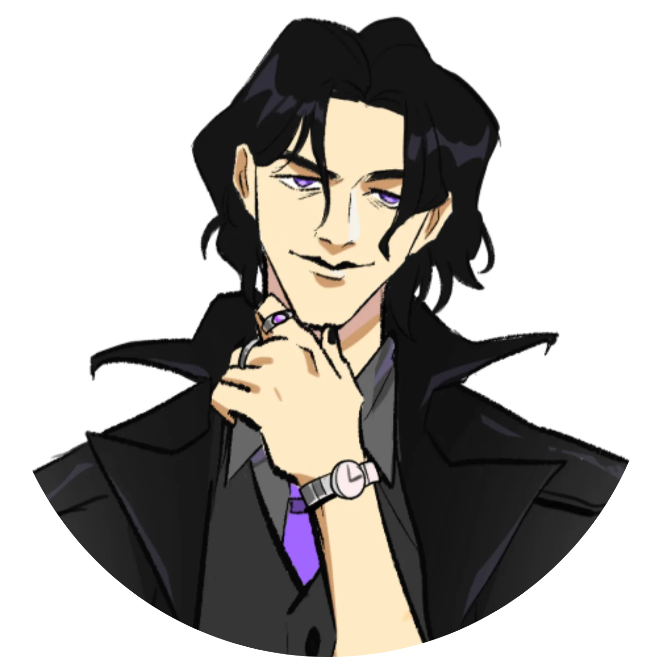 Example character design for the Antagonist archetype: a dark-haired character with a sly expression in a black trench coat and purple tie.