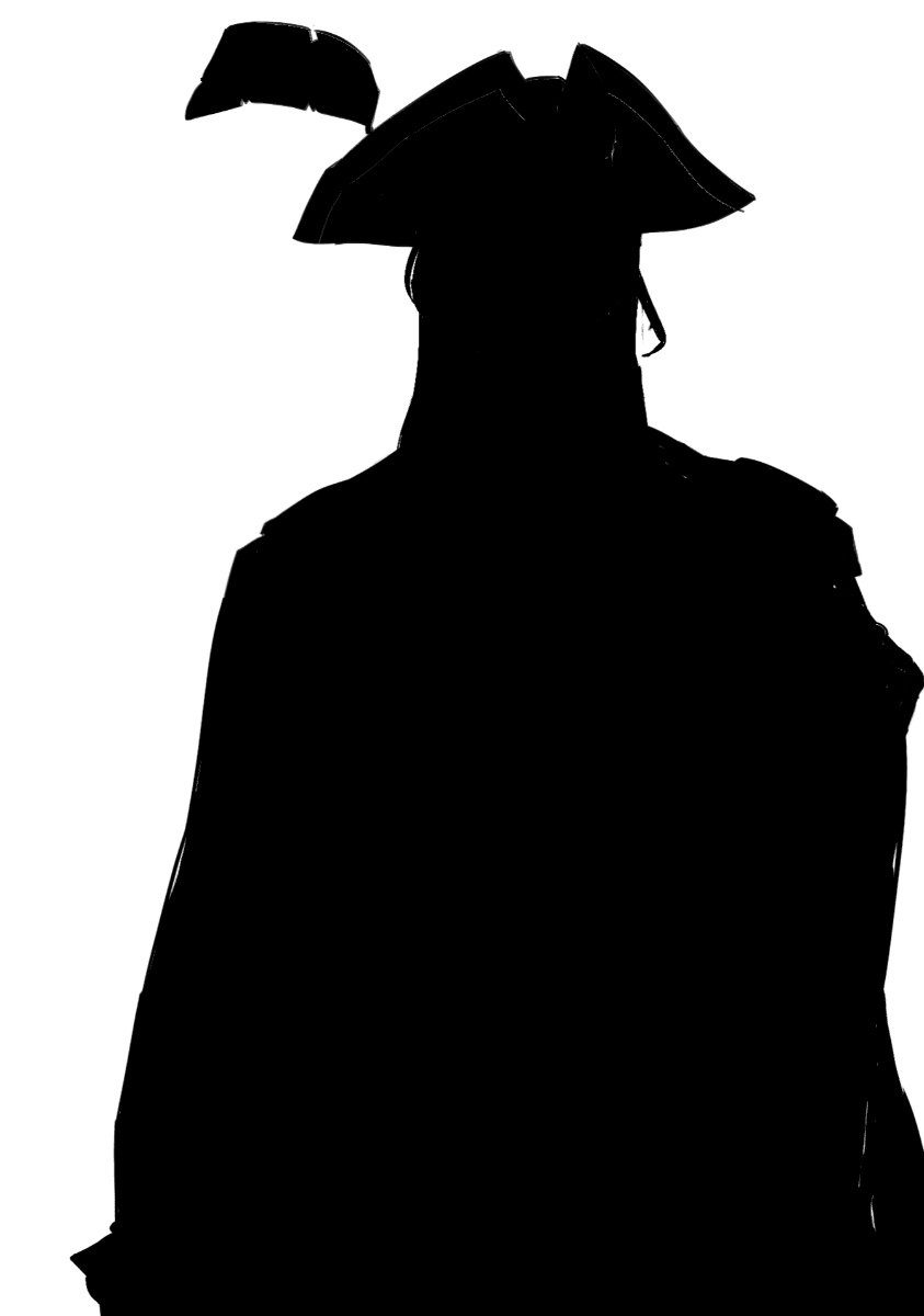 Character silhouette: an all-black figure in a feathered tricorn hat with a cape, recognizable by its outline alone.