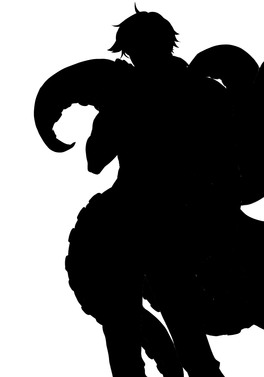 Character silhouette: an all-black figure with large curling horns or tendrils, recognizable by its outline alone.