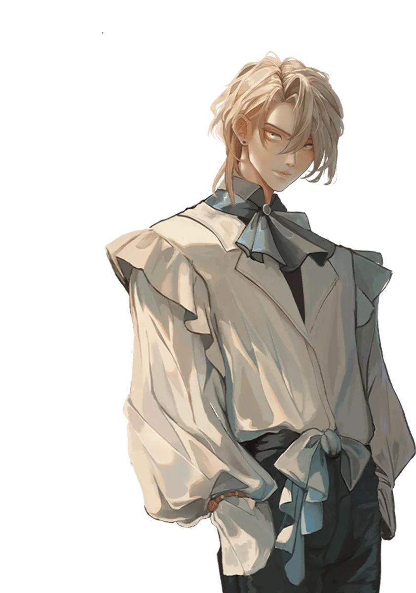 The same characters in full color: a blond character in a loose white ruffled blouse with a blue ribbon.