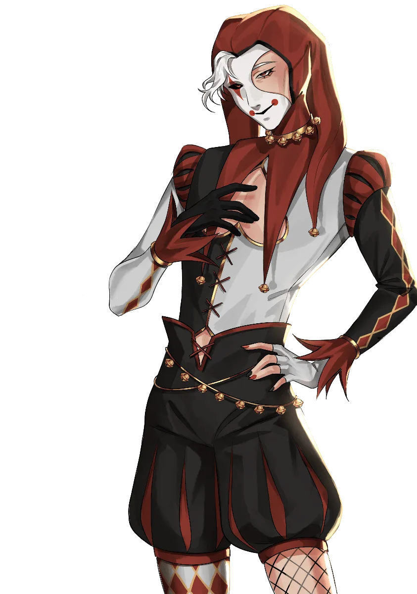 The same characters in full color: a jester in a red-and-black harlequin outfit with a white-and-red mask and long red hair.
