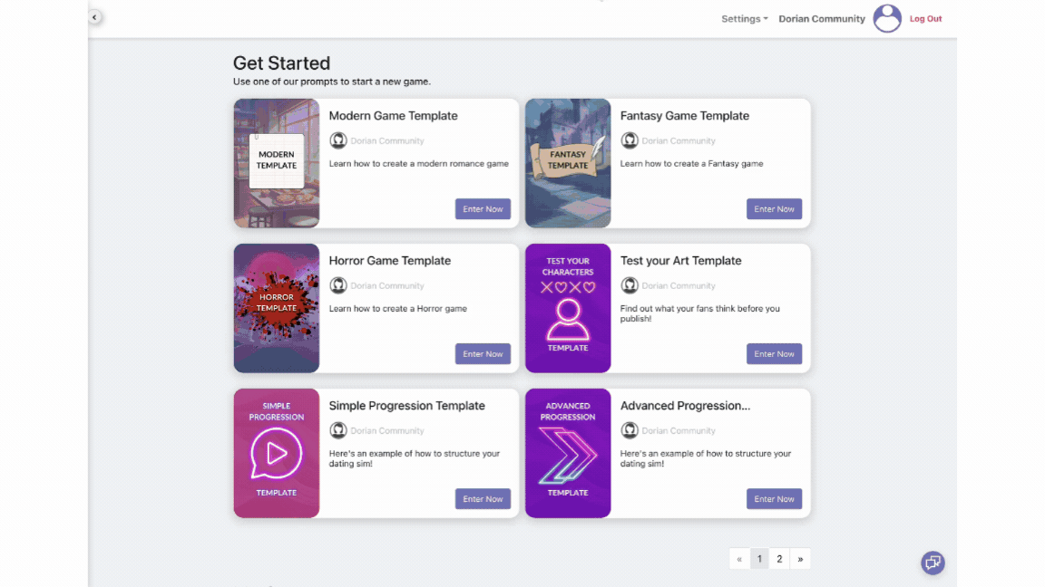 Animated demo: the Dorian creator "Get Started" dashboard cycling through game templates, including a "Test your Art" template.