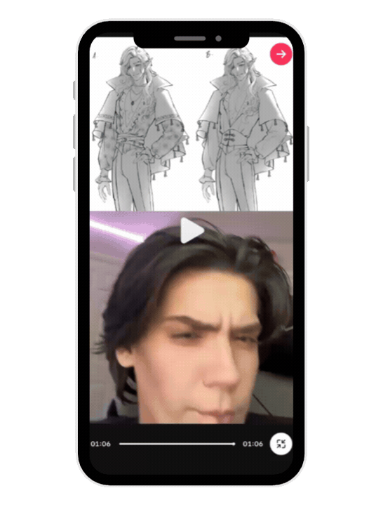 Animated demo: a character design being shared for community feedback, cycling through color choices and personality traits.