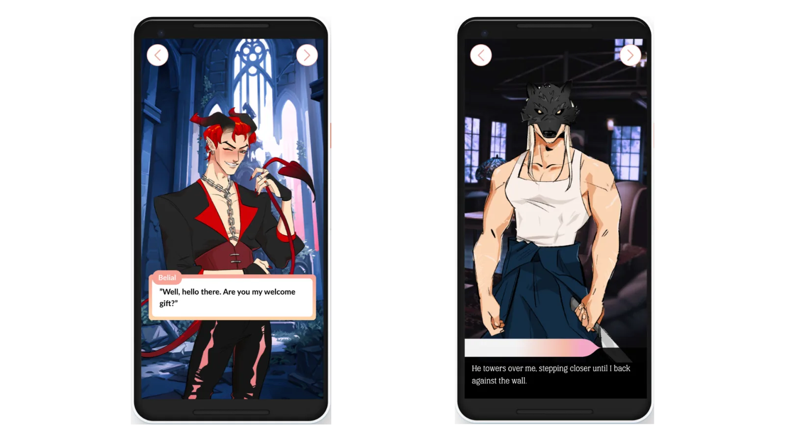Example: two phones each introducing a love interest, one through a spoken line of dialogue and one through descriptive narration.