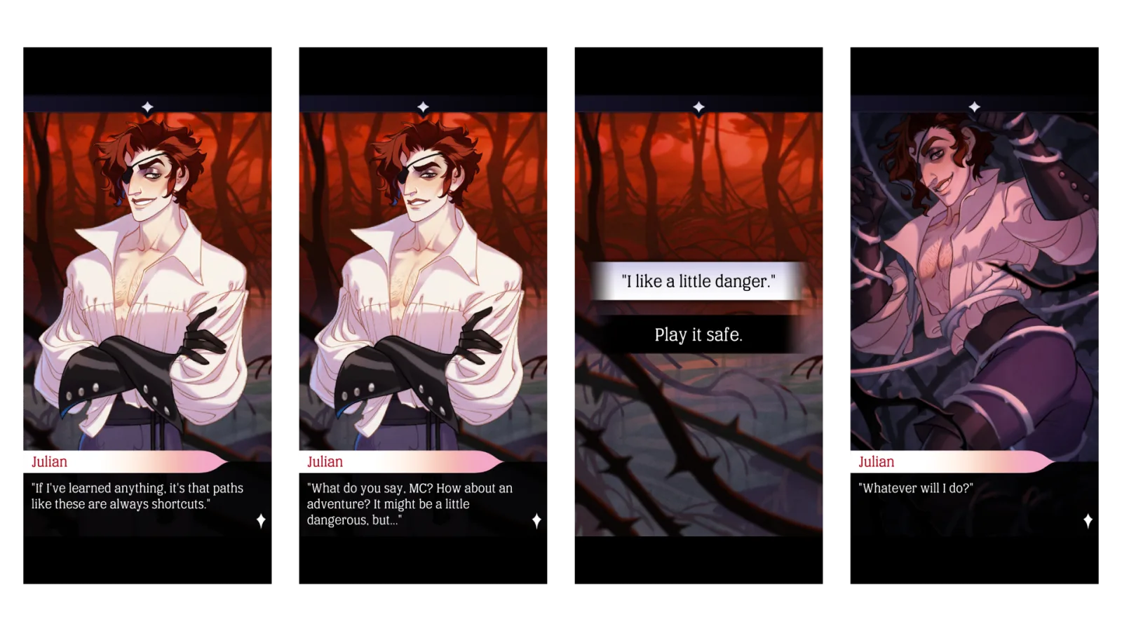 Example: a sequence of dialogue panels building toward a choice, ending with the options "I like a little danger." and "Play it safe."