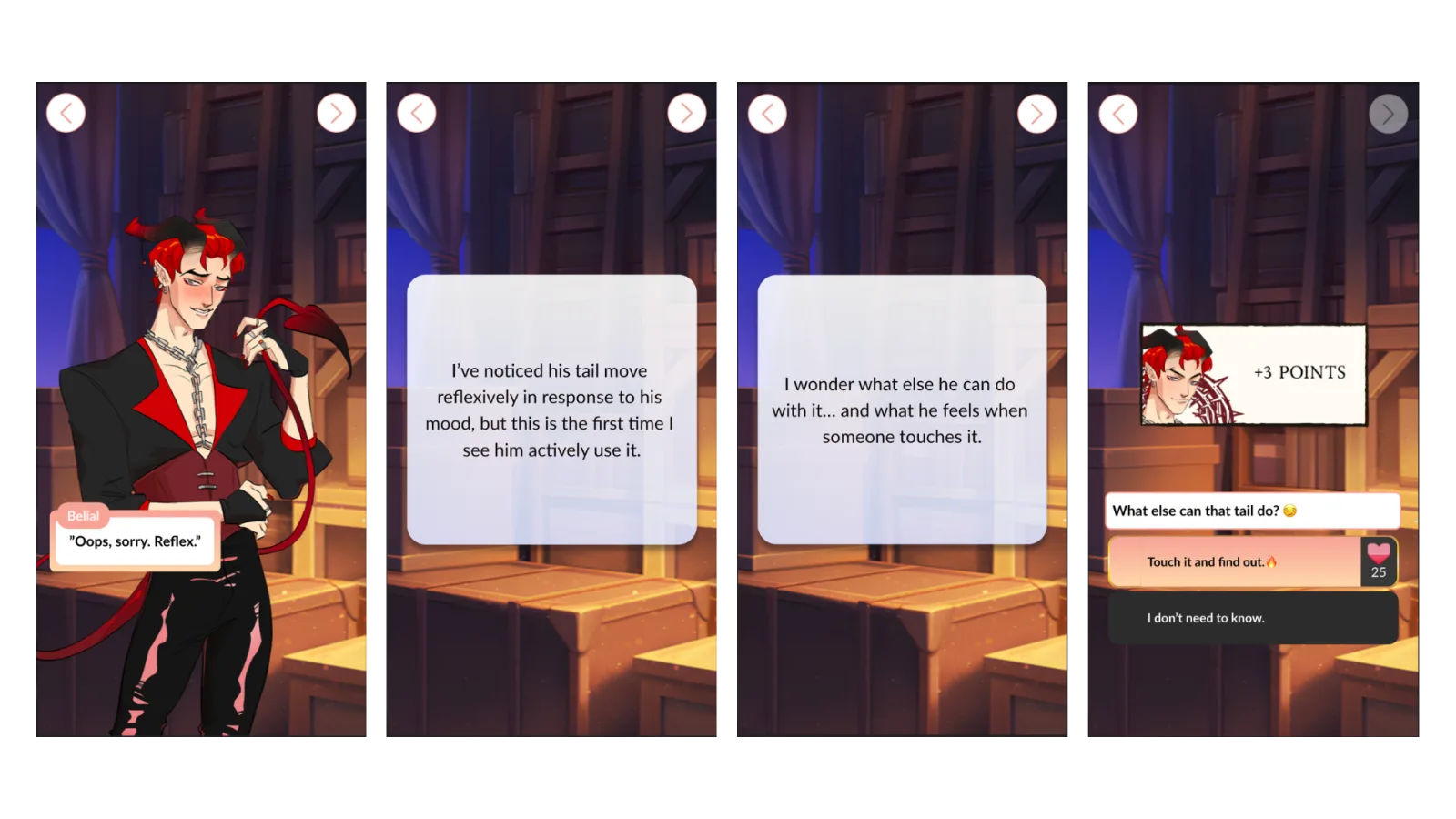 Example: lead-in dialogue panels setting up a premium choice, with a "+3 POINTS" reward and a Heart-cost option, showing the player what they will get.