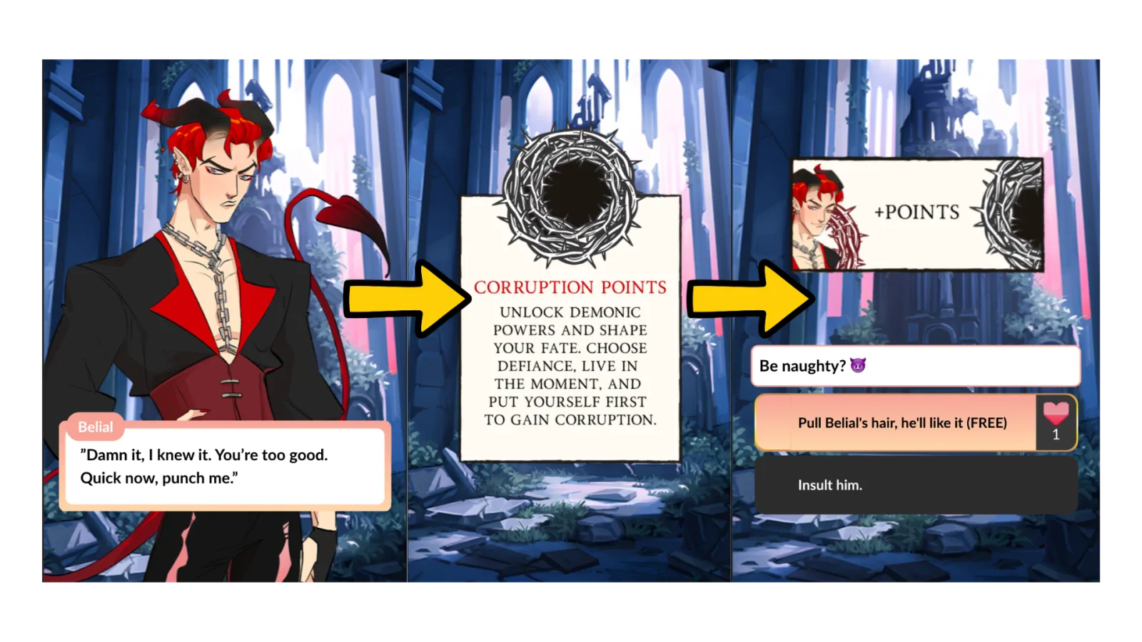 Example: a tutorial sequence that teaches the game's "Corruption Points" mechanic in-story, ending with a choice that earns points.