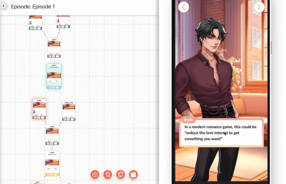 Animated demo: dialogue and narration playing in a Dorian template episode preview.