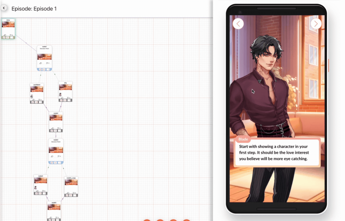 Animated demo: a Dorian template preview showing a love interest beside a dialogue box.