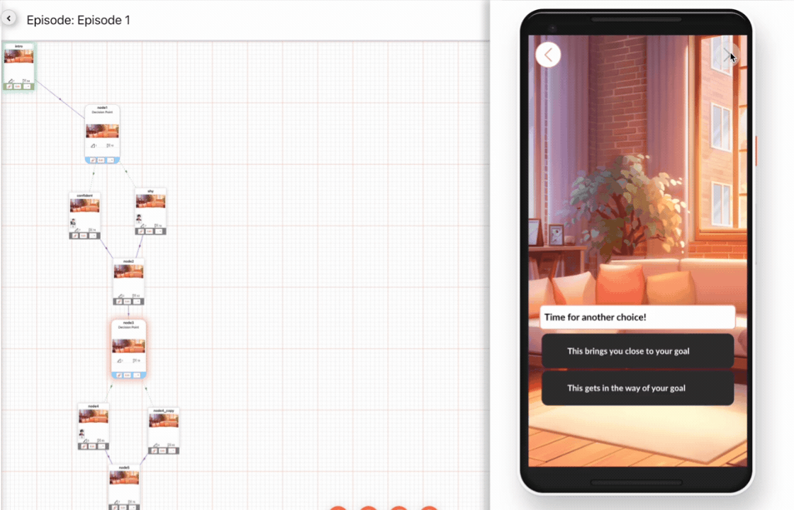 Animated demo: a player choosing between two free options in a Dorian template episode.