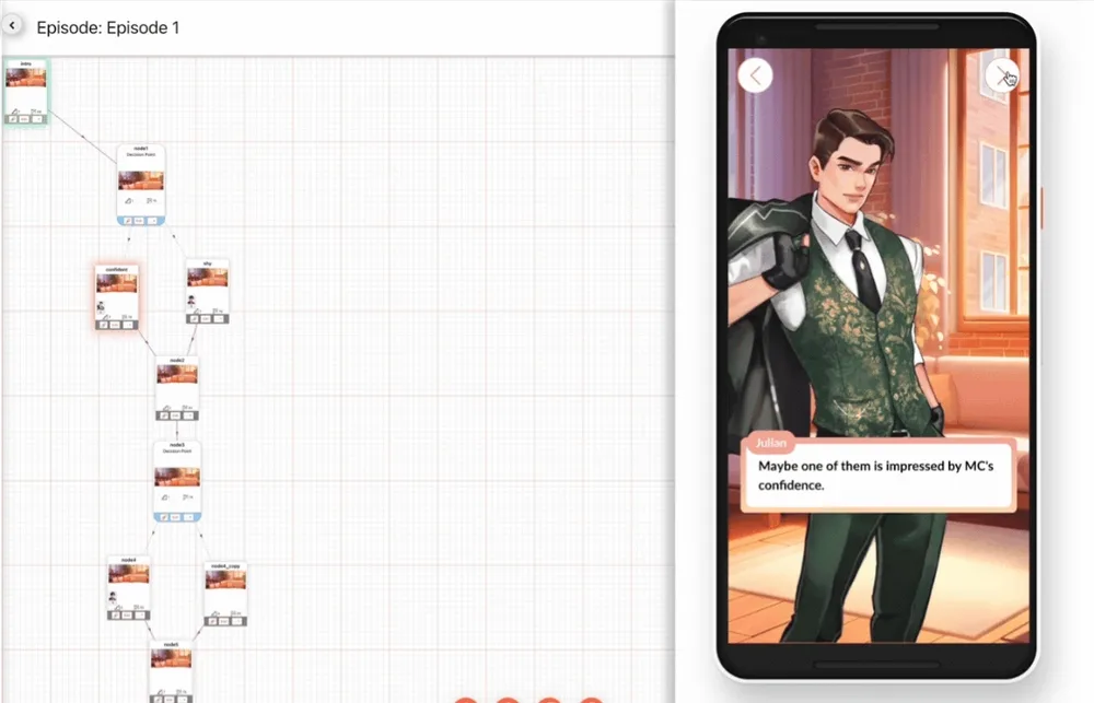 Animated demo: a Dorian template preview showing the Julian character delivering a line of dialogue.