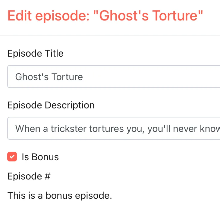 Screenshot: the episode "Ghost's Torture" with the bonus episode checkbox enabled.