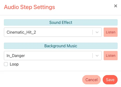 Screenshot: the Audio Step Settings popup with separate slots for sound effects and music.