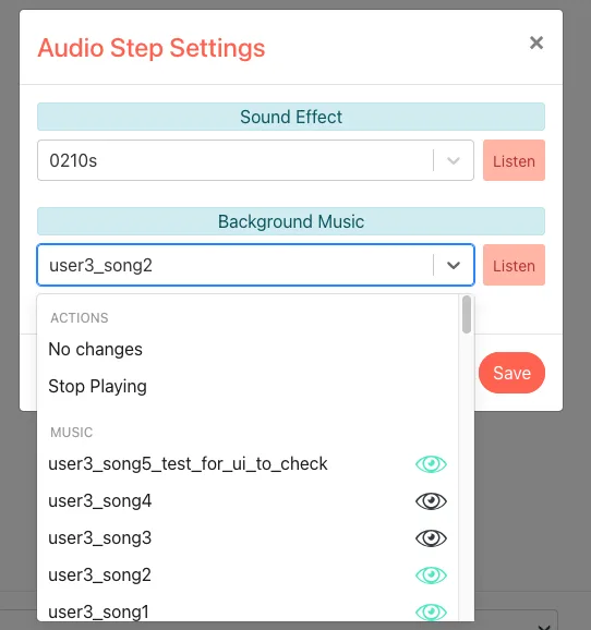 Screenshot: the audio file list showing eye icons that indicate whether a file is shared.