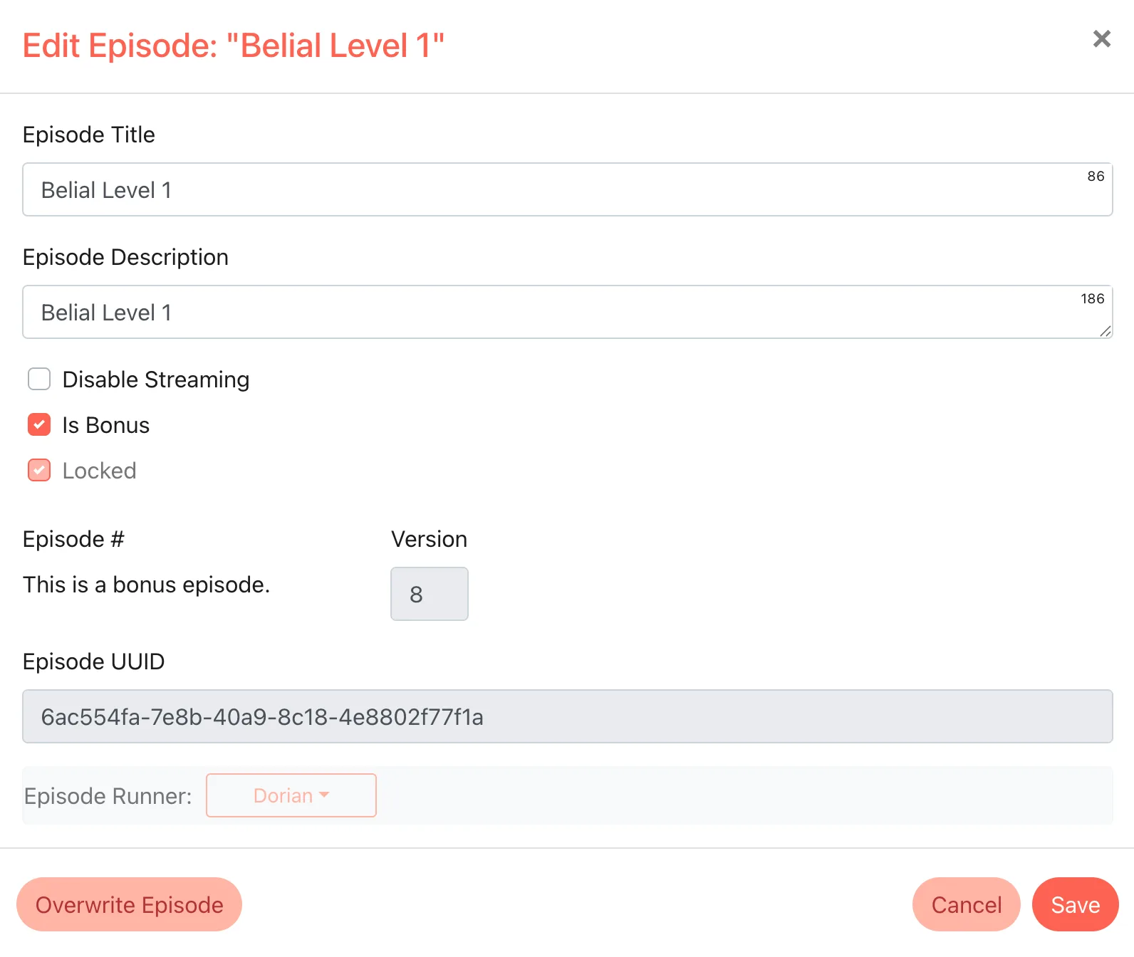 Screenshot: creating a Bonus Episode in the game editor.