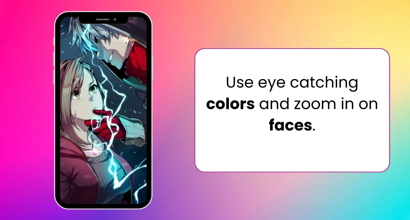 Cover tip example: phone preview beside the advice to use eye-catching colors and zoom in on faces.