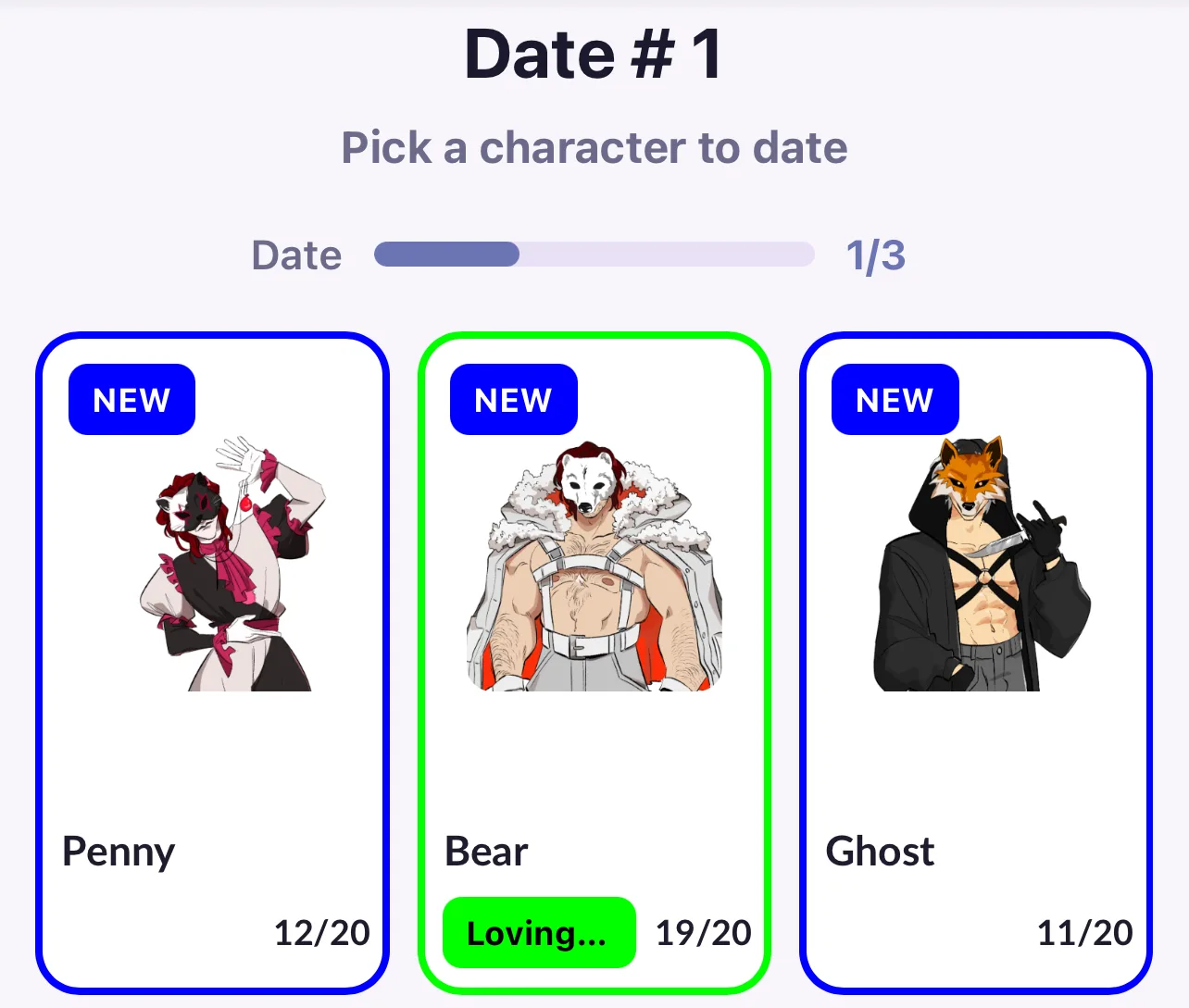 Close-up of three Hub character cards (Penny, Bear, Ghost) showing thumbnails, affection scores out of 20, and status labels.