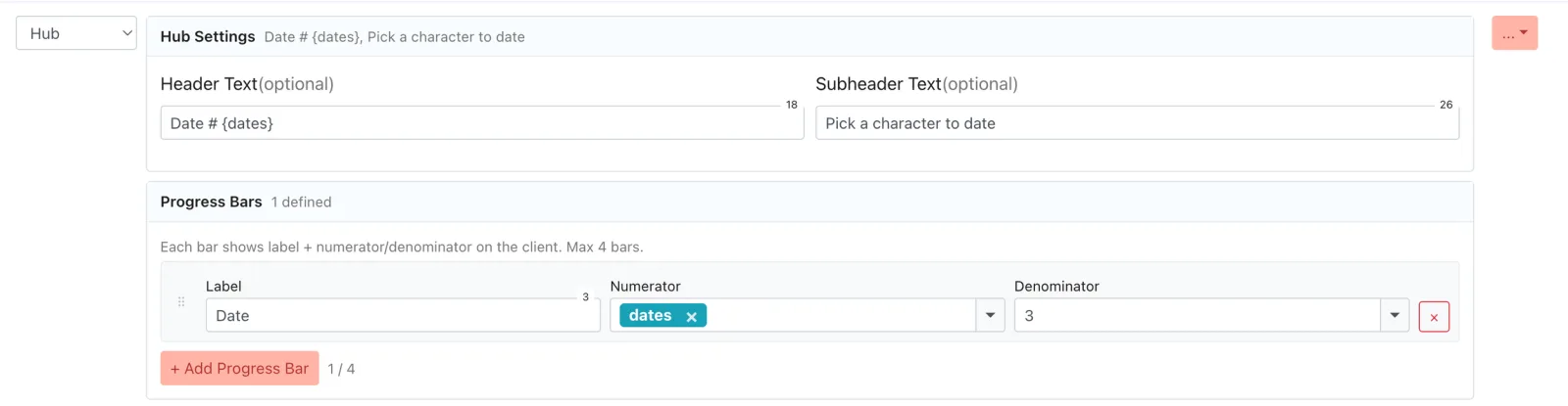 Engine Hub Settings panel with Header Text and Subheader Text fields and a Progress Bars section showing label, numerator, and denominator inputs.