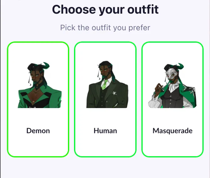 Player-facing "Choose your outfit" Hub screen with three green-bordered cards labelled Demon, Human, and Masquerade.
