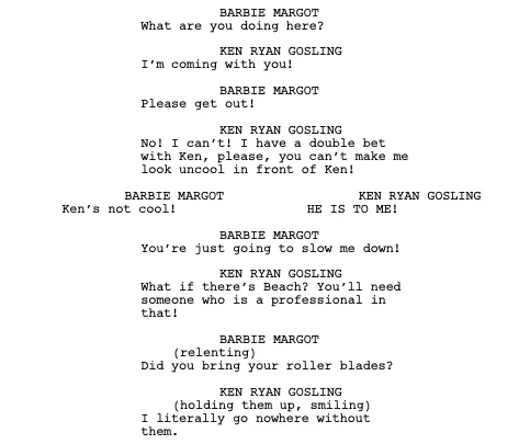 Screenplay excerpt from Barbie showing back-and-forth dialogue formatted as a film script.