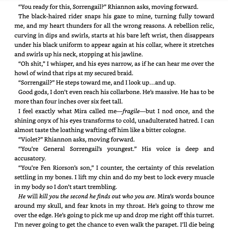 Prose excerpt from Fourth Wing describing Violet's first tense encounter with the black-haired rider Xaden.