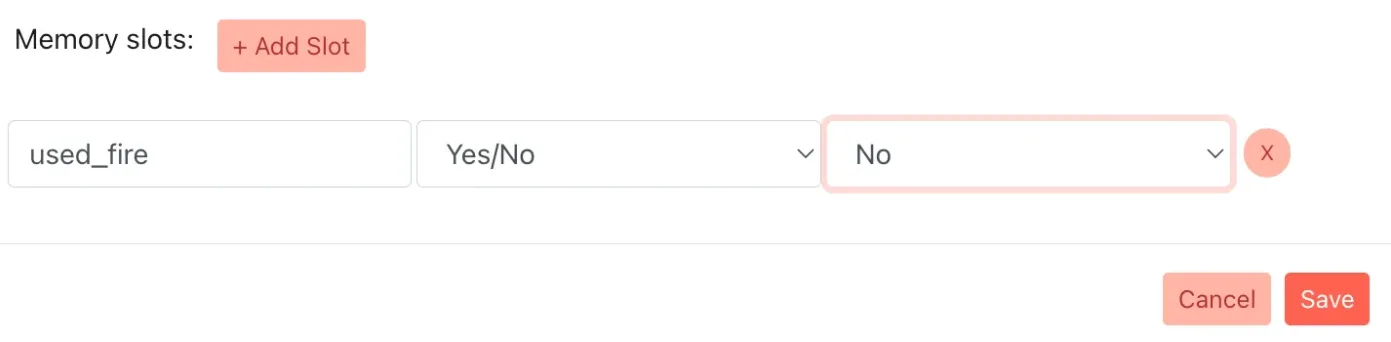 Editor screenshot: a Memory Bank slot named used_fire set to the Yes/No type with a default value of No.