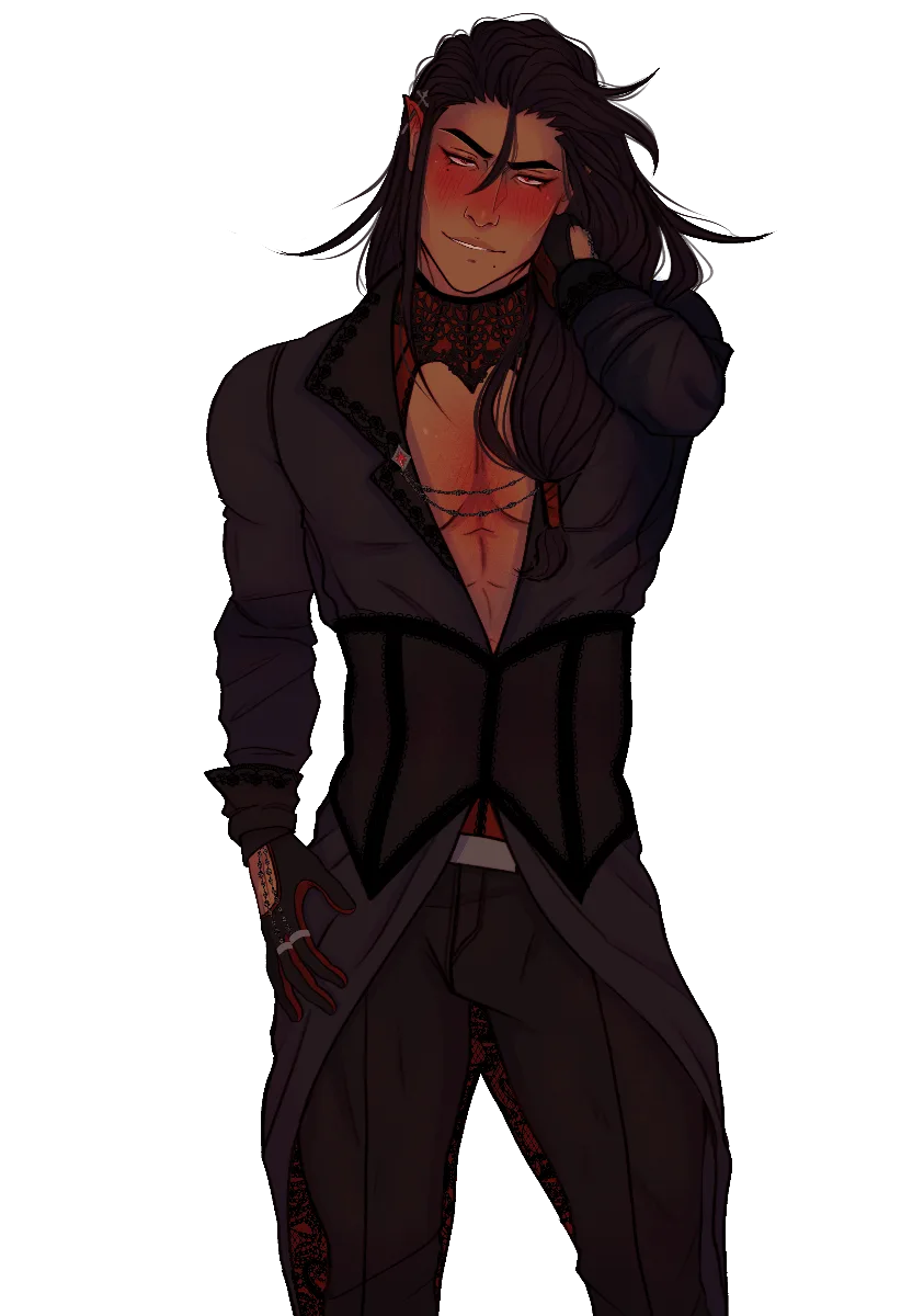 Character sprite: a long-haired character with a smirking expression, transparent background.
