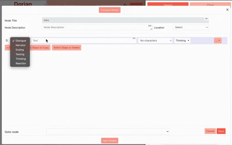 Animated demo: opening a node and adding dialogue and narration steps to write a scene in the Dorian editor.