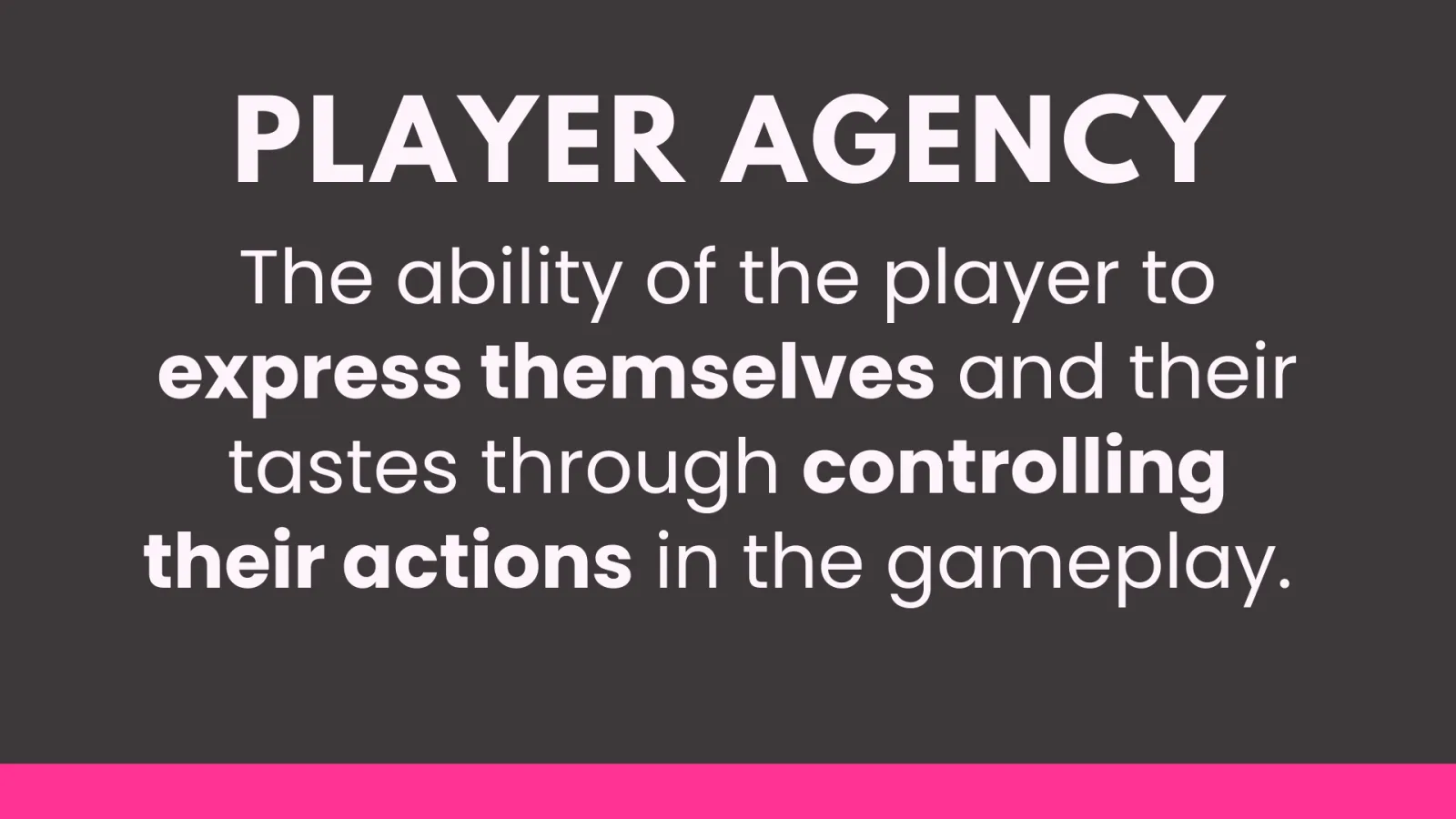 Definition slide reading "Player Agency: the ability of the player to express themselves and their tastes through controlling their actions in the gameplay."