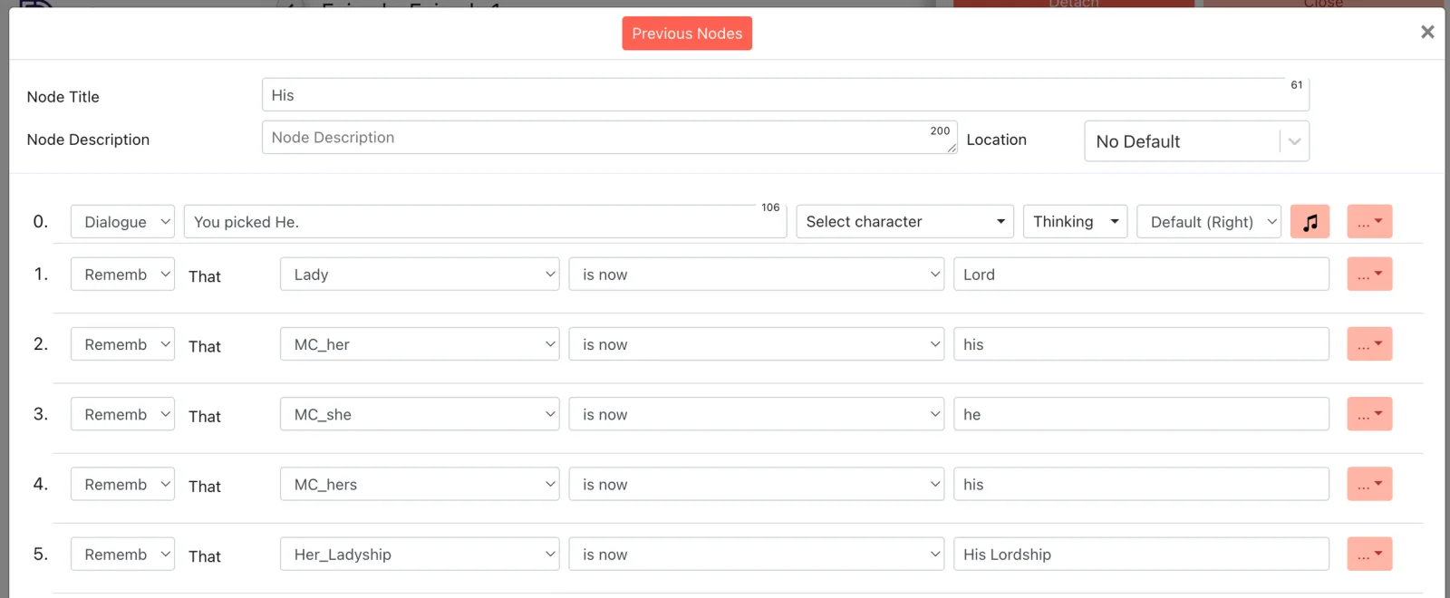 A list of remember steps saving each pronoun variable in an option node