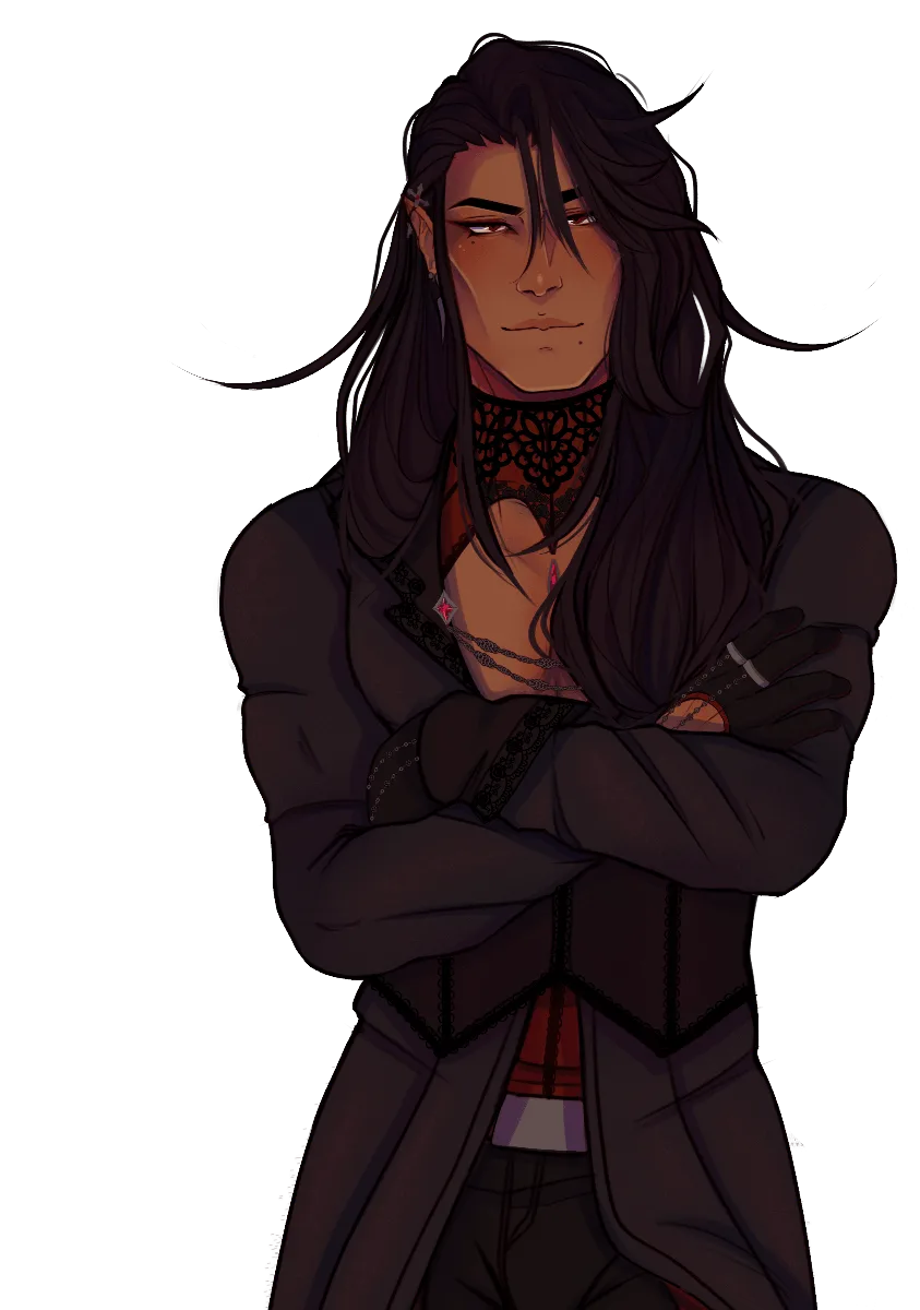 Character sprite: a long-haired love interest in a dark coat with arms crossed, transparent background.