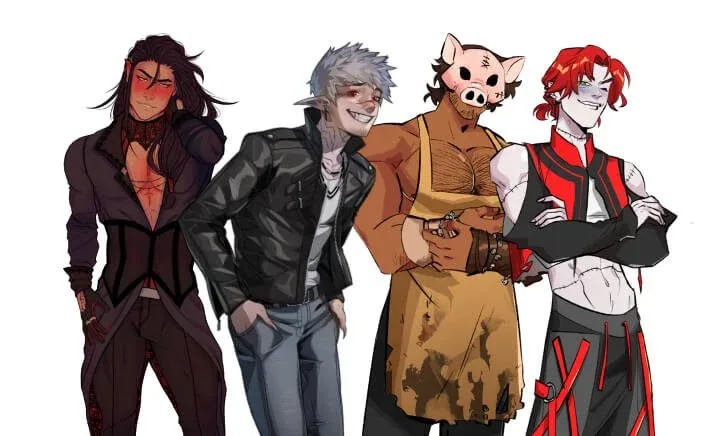 Character sprites: a lineup of four distinct love-interest characters side by side.