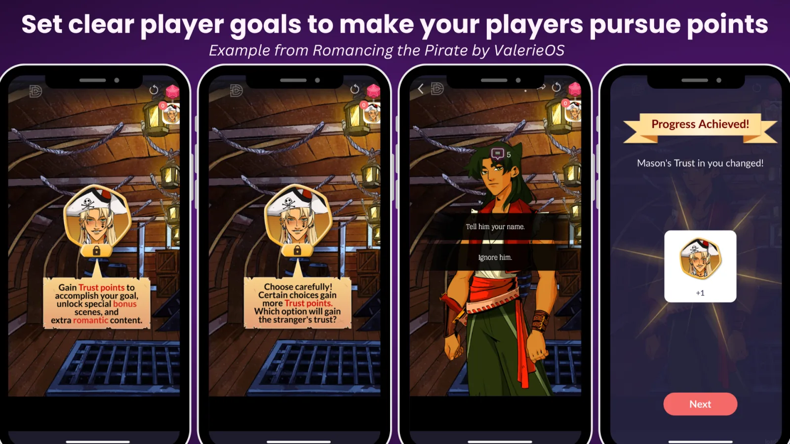Episode summary screen showing a player's relationship progress and goal