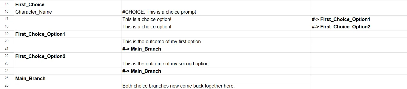 Spreadsheet showing a #-> line at the end of a branch pointing to the next node