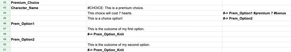 Example of a #premium choice line with a heart cost in the import sheet