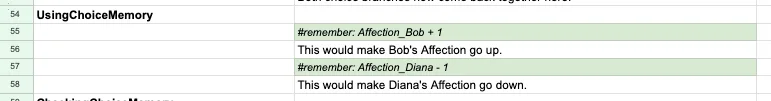 A #remember line in the sheet updating an existing Memory Bank value