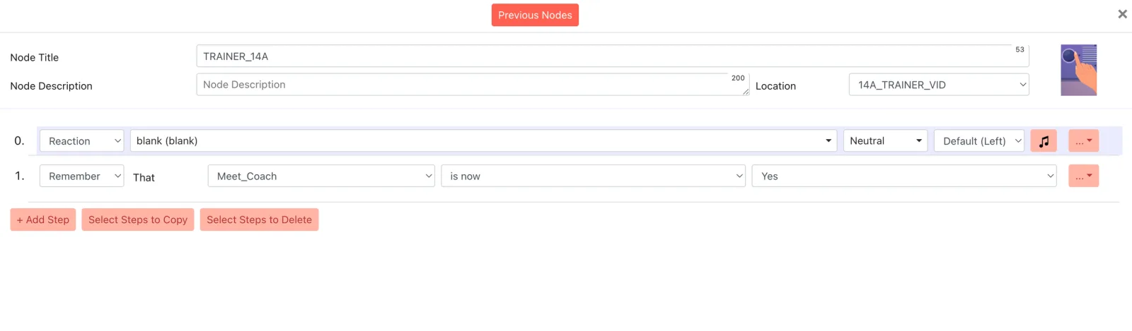 Screenshot: a remember step placed after a dialogue step within a video node.