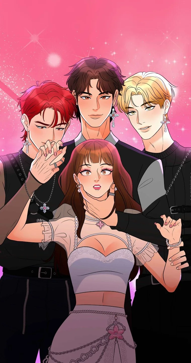 The Love Clause 키 아트: 분홍색 픽셀 하트를 배경으로 놀란 젊은 여성을 둘러싼 세 명의 K-pop 아이돌.